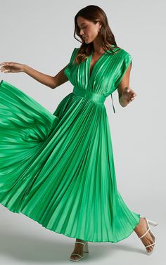 Della Midi Dress - Plunge Neck Short Sleeve Pleated Dress in Green | Showpo USA Luxury Spring Midi Dress With Pleated Bodice, Pleated V-neck Party Dress, Luxury Midi Dress With Pleated Bodice For Spring, Luxury Green Ruffled Midi Dress, Luxury Pleated V-neck Midi Dress, Luxury Spring Cocktail Pleated Dress, Luxury Short Sleeve Pleated Maxi Dress, Luxury Dresses With Pleated Hem And Short Sleeves, Luxury Pleated Dress With Pleated Bodice For Spring