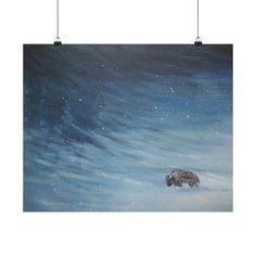 a painting of a polar bear in the snow with blue sky and stars above it