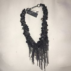 Gunmetal Chain Fringe - With Clustered Black Beads And Lucite Beads. Never Worn Nwt Long Beaded Chain Necklace For Party, Metal Beaded Necklaces With Round Beads, Silver Dangling Beads For Party, Elegant Silver Dangling Beads, Metal Beaded Necklace With Black Beads For Party, Multi-strand Beaded Chain Party Jewelry, Multi-strand Beaded Chain Jewelry For Party, Beaded Chain Dangle Jewelry For Party, Beaded Metal Jewelry For Party