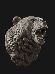 a bear statue with its mouth open and it's teeth wide open on a black background