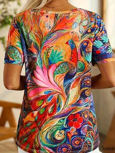 Eromis - Vibrant All Over Print V Neck T-Shirt, Stylish Short Sleeve Apparel for the Spring & Summer Season, Womens Fashion Sleeves Pattern, Summer Season, All Over Print, Neck T Shirt, V Neck T Shirt, Collar Styles, Casual Shirts, Types Of Sleeves, Women's Clothing