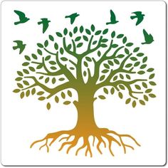 a tree with green leaves and birds flying around it on a white background, which is part of the logo for an organization