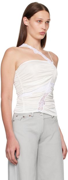 Viscose jersey tank top. Lace trim and ruching throughout. · Asymmetric construction · Straight neck · Concealed zip closure at side seam · Fixed shoulder straps Supplier color: White Ruched Tank Top, Jersey Tank Top, White Shop, Shoulder Straps, Lace Trim, Color White, Women Wear, Perfect Clothing, Tank Top