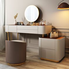 a vanity with stools and a mirror in a room that has wooden flooring