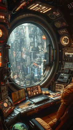 a sci - fi city is seen through a round window