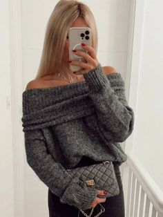 Mqtime Women Sexy Slash Neck Pullover Sweaters Long Sleeve Off Shoulder Cropped Knitted Top Female Elegant Autumn Solid Knitwear Oversize Fashion, Off Shoulder Sweater, Grey Pullover, Knitted Top, Pullover Designs, Knit Fashion, Grey Fashion, Shoulder Sweater, Sweater Fashion