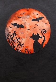 a painting of a cat with bats on it's back and an orange moon in the background