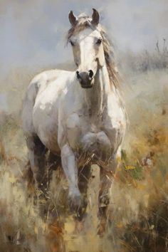 a painting of a white horse in a field