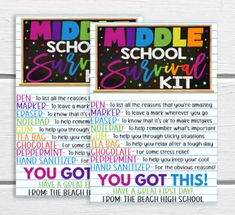 the middle school survival kit is shown on a white wooden background with colorful lettering and stars