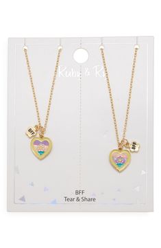 They'll love to celebrate friendship with this sweet necklace set that features glittery heart charms. Adult supervision strongly recommended; jewelry presents choking hazard and should be removed when infant or small child is unattended Set of two necklaces Goldtone plate/enamel Imported Valentine's Day Necklace With Heart Charm For Friendship, Friendship Charm Necklaces With Heart Pendant For Mother's Day, Heart Charm Necklace For Friendship, Mother's Day Heart Pendant Charm Necklace For Friendship, Mother's Day Friendship Charm Necklace With Heart Pendant, Mother's Day Friendship Heart Pendant Charm Necklace, Heart Pendant Charm Necklaces For Valentine's Day, Heart Pendant Charm Necklaces For Friendship And Valentine's Day, Friendship Heart Charm Necklaces For Mother's Day