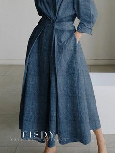 Fisdy - Chic Urban Denim Dress with Stand Collar - Belt Not Included Loose Denim Dress, Women Pants Outfit, Long Denim Dress, Belted Denim Dress, Dress Name, Elegant Midi Dresses, Denim Patterns, Urban Dresses, Clothes Women