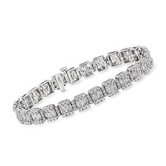 Ross-Simons - 6.00ct t. w. Round, Baguette Lab Grown Diamond Tennis Bracelet. 7". Showcasing impressive presence at an incredible value, our 6.00 ct. t. w. lab-grown diamond tennis bracelet wraps the wrist in dazzling cluster-style stations set in polished 14kt white gold. Lab-grown diamonds are identical to mined diamonds according to their optical, physical and chemical properties. All Ross-Simons lab-grown diamond jewelry in 14kt gold and platinum includes an IGI Laboratory-Grown Diamond Repo Formal Baguette Bracelet With Diamond Accents, Formal White Gold Baguette Diamond Bracelet, Formal Baguette Diamond Bracelet With Accents, Formal Diamond Bracelet With Baguette Diamonds, Formal Baguette Tennis Bracelet In Fine Jewelry Style, Formal Baguette Tennis Bracelet, Formal Baguette Cut Tennis Bracelet With Baguette Diamonds, Classic Diamond Bracelet With Baguette Diamonds, Timeless Baguette Diamond Bracelet For Formal Occasions