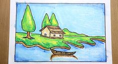 a drawing of a house on an island with trees and a boat in the water