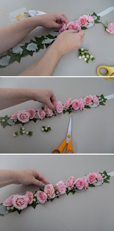 the process of making flower garlands with scissors