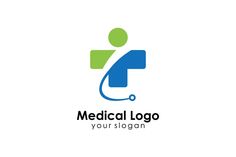 medical logo with the letter f and a man holding a stethoscope in his hand