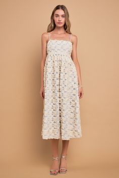 Chic Beige Midi Dress With Floral Embroidery, Lace Sundress For Garden Party, Midi Dress With Adjustable Straps For Garden Party, Lace Sundress Midi Length, Lace Midi Sundress, Lace Midi Length Sundress, Lace Midi Dress With Floral Embroidery, Floral Embroidered Midi Dress For Brunch, Floral Embroidered Sundress With Spaghetti Straps