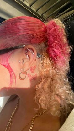 Honey Blond And Pink Hair, Honey Blonde Pink Hair, Hair Dye Colors Curly Hair, Blonde Roots Pink Ends, Pink And Honey Blonde Hair, Dyed Hair Two Colors, Skunk Hair Ideas, Pink Hair Combos, Blonde And Pink Hair Black Women