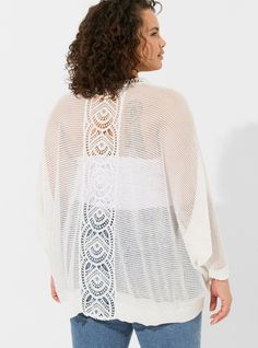 FIT Model is 5'10” wearing size 1. Measures 29” from shoulder (size 2). MATERIALS + CARE Polyester knit fabric. . 100% polyester. . Machine wash cold. Tumble dry low. Imported. DETAILS Open neckline. Long sleeves. . . The best plus size women's medallion knit ruana capes ponchos & ruanas in ivory made of knit. Spring White Knit Cover-up, White Lightweight Casual Cover-up, White Stretch Spring Cover-up, White Stretch Cover-up For Spring, Casual White Lightweight Cover-up, Casual Lightweight White Cover-up, Casual White Stretch Cover-up, White Open Knit Cover-up, White Open Knit Cover-up For Spring