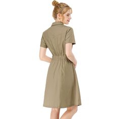 The casual, elegant look of this pretty dress will keep you looking great all the time. The short-sleeve shirt dress is cut with a relaxed silhouette and features a drawstring to cinch in the waist and plenty of practical pockets. Pair it with ankle boots or heels for a chic silhouette. Perfect for spring, summer, and autumn, and it is also suitable for any occasion. Casual Solid A-line Shirt Dress, Casual Half Sleeve Office Dresses, Collared Short Sleeve Dress For Summer Workwear, Casual Short Sleeve Dress With Pockets For Spring, Casual Solid Color Knee-length Short Sleeve Dress, Casual Khaki Short Sleeve Shirt Dress, Casual Solid Shirt Dress With Short Sleeves, Casual Shirt Dress With Short Sleeves, Summer Collared Khaki Shirt Dress