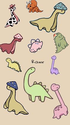 a bunch of different types of dinosaurs on a beige background with the words raw written below them