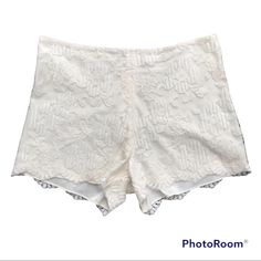 Condition: Like New. Size: M. Measurements: Waist 15.5’, Rise 13’, Inseam 3’, Leg Opening 12’. White Lace Trim Pajama Shorts For Summer, Lace Trim Lace Shorts, White Lace Trim Summer Shorts, White Lace Trim Shorts, Sleep Shorts With Lace Trim, White Lace Shorts, Mini Shorts, Sequins Embroidery, Lace Shorts