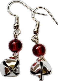 Silver Dangle Earrings With Bells, Holiday Red Ear Wire Earrings, Red Holiday Earrings With Ear Wire, Red Ear Wire Earrings For Holiday, Festive Metal Bell Jewelry, Red Ear Wire Jewelry For Holidays, Festive Metal Jewelry With Bells, Metal Jewelry With Bells For Festive Occasions, Christmas Silver Jewelry With Matching Earrings