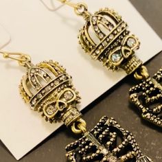 Crown Skeleton Dangling Earrings Nwt Lots Of Bling Nwt Punk Gold Jewelry For Halloween, Gold Punk Jewelry For Halloween, Punk Style Gold Jewelry For Halloween, Gold Punk Dangle Jewelry, Gold Dangle Punk Jewelry, Skull-shaped Metal Earrings, Nickel-free Skull Jewelry For Party, Punk Gold Pierced Jewelry, Gold Punk Metal Earrings