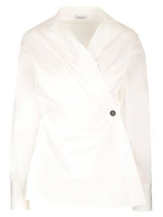 Shirt from Ferragamo in white poplin, with asymmetric 1-button closure, small collar, dropped shoulder, buttoned cuffs. White Asymmetrical Tops For Workwear, White Asymmetrical Tops For Work, White Lapel Collar Blouse For Work, White Blouse With Lapel Collar For Work, Elegant Office Blouse With Asymmetrical Hem, Chic Business Shirt For Spring, Chic White Shirt With Lapel Collar, Chic White Business Shirt, Chic Asymmetrical Office Shirt