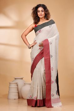 This Linen sarees is very classy. This is light weight, easy to drape, and very elegant. The saree is made up of organic linen that gives this saree a glossy look and is good as partywear. Pure linen jamdani with blouse piece handloom saree Product details: jamdani's work is done on pure linen saree. Saree Type: pure linen Saree Length: 5. 5meters Blouse Piece length: 80cm Blouse Piece: yes (Un-Stitched) Saree Fabric: Pure linen Color: As shown in the picture Work: weaving Pattern: Floral Occasi White Tussar Silk Saree With Woven Motifs, Linen Saree With Cutdana Detailing, Traditional Linen Saree With Cutdana, Traditional Linen Saree With Pallu, Traditional Linen Wear, Linen Saree With Pallu, Linen Cutdana Saree For Festive Occasions, Festive Linen Saree With Pallu Detail, Festive Linen Saree With Zari Weaving