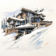 a drawing of a house on top of a snow covered hill