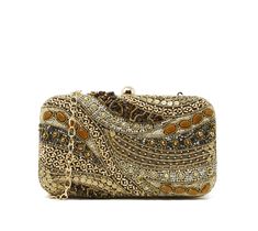 Sparkly gold and shades of brown clutch and evening bag Mens Indian Wear, Embroidery With Beads, Western Wear Dresses, Brown Clutch, Heavy Embroidery, Box Clutch, Shades Of Brown, 50 Shades, Boho Women