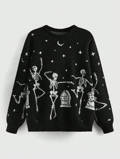 Skull Pattern Round Neck Sweater, School,Ladies Late Fall Casual Long Sleeve Loose Black Drop Shoulder Pullovers Women Sweaters Black Casual  Long Sleeve Knitwear Halloween Pullovers High Stretch  Women Clothing, size features are:Bust: ,Length: ,Sleeve Length: Casual Black Outfits, Skull Outfit, Halloween Fashion Outfits, Cozy Goth, Halloween Sweaters, Ladies Sweaters, Geometric Clothing, Goth Clothes, Halloween Clothes