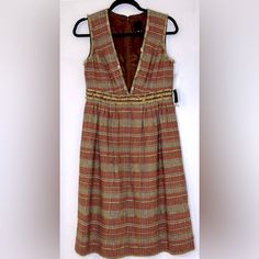 Nwt Anna Sui Rare & Vintage V-Neck Multi Colored Brown And Gold Luxe Plaid Fit And Flare Dress, Trimmed With Hand Embroidered Sequins And Jewels. Back Zipper Closure With Hook And Eye. Size: 8 Made In Usa. New, Never Worn. Beautiful, Classic And Unique Dress. Only One Anna Sui Dress Like This Available For Sale Online At The Time Of Listing It! I Have Not Seen Another Like It. The Last 2 Photos On This Listing Are Of A Similar Anna Sui Dress From Same Season / Collection (I Believe), However, It Fitted V-neck Tweed Dress For Party, Elegant V-neck Tweed Dress, Summer V-neck Tweed Dress For Work, Fitted V-neck Tweed Party Dress, Sleeveless Formal Fall Dresses, Formal V-neck Lined Midi Dress, Formal Sleeveless Fall Dress, Fall Season Formal Sleeveless Dress, Fall Formal Sleeveless Dress