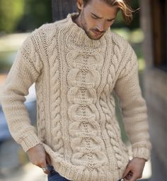 Modèle pull à torsades Homme - Modèles Homme - Phildar Mens Turtleneck, Aran Sweater, Wool Turtleneck, Knit Turtleneck Sweater, Hand Knitted Sweaters, Outfits Casual