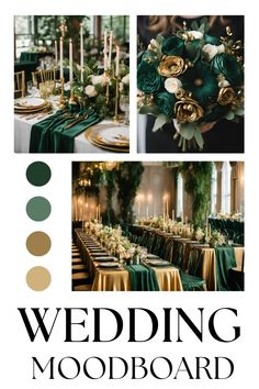 wedding mood board with green, gold and white flowers on the table in an elegant setting