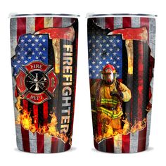 two firefighter tumblers with the american flag and an image of a fireman