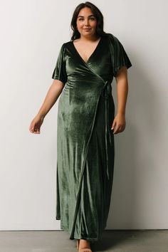 Feel luxurious in an instant with our Meghan Velvet Wrap Maxi Dress! This gorgeous deep green dress is a true wrap style with velvet material. Simple Evening Gown, Wrap Dress Outfit, Velvet Wrap Dress, Olive Dress, Baltic Born, Wrap Maxi Dress, Bride Groom Dress, Mid Length Sleeves, Nursing Friendly