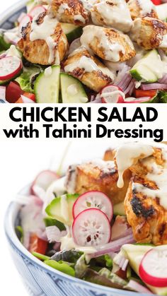 chicken salad with tahini dressing in a blue and white bowl on a white background