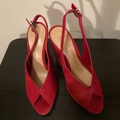 Brand New Slingbacks, Bought As A Backup For My Wedding But I Ended Up Wearing Something Else. Very Minor Marks Under The Sole Just From Trying It Inside, I Am A Narrow Eu 38 And I Find Them Comfy (Block Heel Is 4inches) And True To Size. Comes With Original Box And Dust Bag. Red Slingback Sandals With 4-inch Heel, Elegant Red Slingback Pumps With 4-inch Heel, Red Slingback Pumps With 4-inch Heel, Red Leather Slingback Sandals For Evening, Red Leather Evening Slingback Sandals, Red Slingback Sandals With Heel Strap, Red High Heel Slingback Pumps For Party, Elegant Red Slingback Pumps For Spring, Red Slingback Sandals With Pointed Toe And Heel Strap