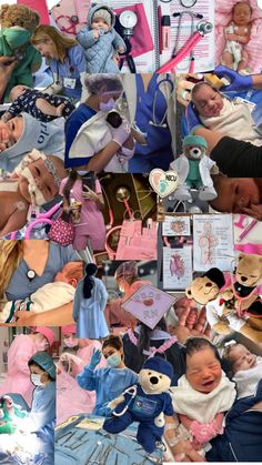 a collage of photos with babies and dolls