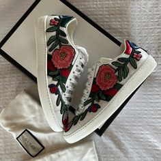 Excellent Used Condition. No Toe Box Crease, No Interior Or Exterior Stains Or Scuffs. You Will Not Find Another Pair In This Size In This Condition. Size 35. Please Know Your Gucci Sizing. I Am Normally A U.S. 6, And These Fit Perfectly. The Lace Placement Is Exactly How The Sneakers Were Purchased And Never Changed. Only Worn A Couple Of Times. No Trades. No Returns. As-Is. All Sales Final. Please Ask All Questions. Reasonable Offers Accepted. Will Come With Box And Dust Bags. Exterior Stain, Shoes Gucci, Embroidered Leather, Gucci Shoes, Leather Sneakers, Womens Shoes Sneakers, Red And White, Dust Bag, Shoes Sneakers