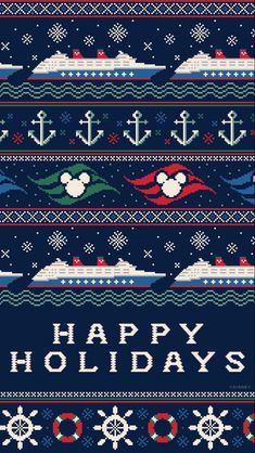 a knitted christmas sweater with an anchor and ship on it, says happy holidays