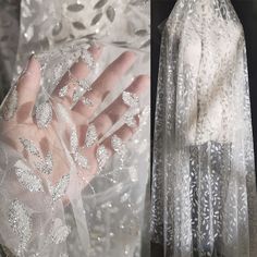 two pictures of the same hand and dress with sequins on it, one in white