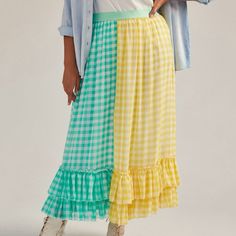 Anthropologie Lynsey Gingham Ruffled Maxi Skirt By Eva Franco Size Xsp (Fits Standard) Featuring All Over-Gingham With A Striking, Two-Toned Effect, This Maxi Skirt Is A Pick That's As Spring-Ready As It Is Sweet. Nwt. Polyester; Polyester Lining Elastic Waist Maxi Silhouette Ruffled Hem Pull-On Styling Hand Wash Dimensions 33.75"L Spring Picnic Skirt With Ruffles, Spring Gingham Ruffled Skirt, White Skirt For Spring Picnic, Spring Gingham Tiered Skirt, Spring Plaid Ruffled Skirt Bottoms, Gingham Tiered Skirt For Spring, Spring Gingham Skirt For Day Out, Gingham Skirt For Day Out In Spring, Summer Gingham Ruffled Skirt