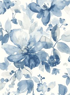 a blue and white floral wallpaper with leaves