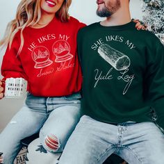 Add some cheeky humor to your holiday wardrobe with these hilarious couple's ugly Christmas sweaters! The guy's sweater reads "She Likes My Yule Log," while the gal's sweater playfully displays "He Likes My Snow Globes" with two snow globes strategically placed over the chest. Perfect for Christmas parties, festive gatherings, or as a unique gift, these sweaters are designed to spread laughs and holiday cheer. Made from soft, high-quality materials, they ensure both comfort and durability. Stand Ugly Sweater Couple Ideas, Funny Christmas Shirts For Couples, Christmas Boyfriend Goals, Holiday Necessities, Couples Ugly Christmas Sweaters, Couple Christmas Sweaters, Ugly Sweater Couple, Funny Christmas Sweatshirts, Husband Christmas Gifts