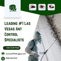 a poster advertising pest control for the las vegas ant control specialists, featuring a man in white hazmats