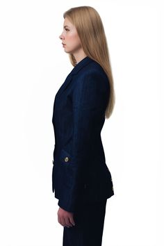 Demi Denim Suit - Blazer Key Features: Durable navy blue denim Three gold buttons Satin lining Two pockets Made in the USA Details: The Demi Denim Suit Blazer in navy blue offers a classic, timeless look. Made from durable denim with three gold buttons and satin lining, this blazer provides both style and comfort. The two pockets add practical convenience. Content + Care: Fabric: Premium Denim CottonCare instructions: Dry clean only.Core Values & Sustainability Commitments: ensuring the reductio Classic Denim Blazer With Buttons, Blue Jeans With Buttoned Pockets For Work, Classic Blue Denim Blazer, Denim Blazer With Buttons In Dark Wash, Dark Wash Denim Blazer With Buttons, Classic Dark Wash Blazer With Pockets, Dark Wash Jeans With Buttoned Pockets For Work, Denim Suit, Denim Blazer