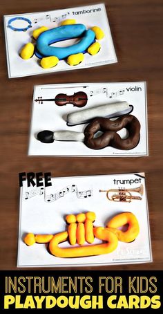 two cards with the words instruments for kids playdough cards