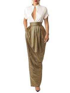 “Eldora” Tulip Gold Skirt – FKSP Tulip Skirt Outfit, Gold Midi Dress, Bishop Sleeve Dress, Gold Jumpsuit, Style Pantry, Elegant Tops, Gold Skirt, Off Shoulder Jumpsuit, Plaid Pencil Skirt